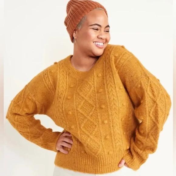 OLD NAVY Mustard Yellow Speckled Cable-Knit Popcorn Sweater M - Picture 2 of 8